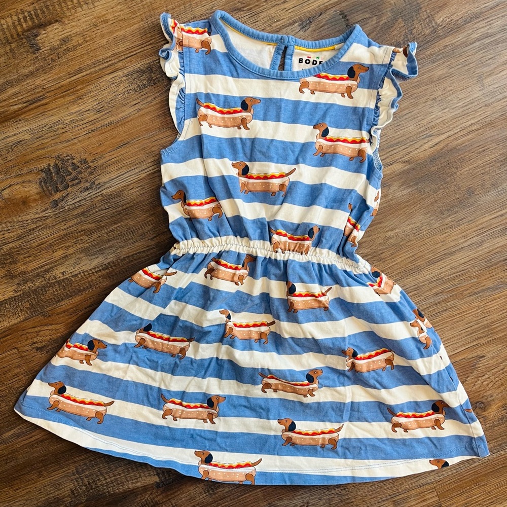 Mini Boden Frill Sleeve Jersey Dress Surf Blue Hot dog Stripe 4-5Y